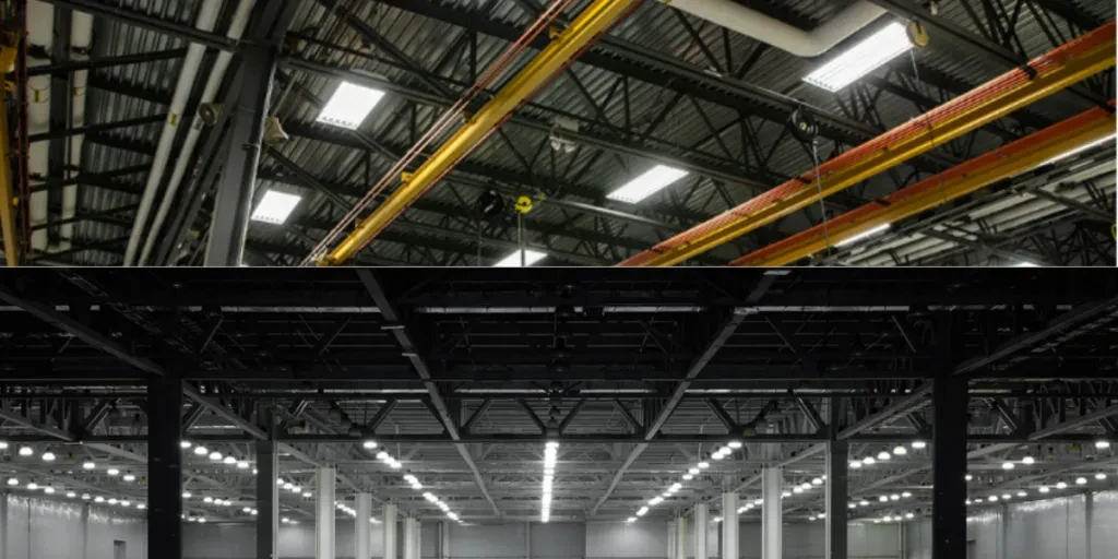 Different high bay lights on warehouse ceilings